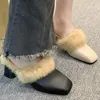 Dress Shoes Winter Women Fur Elegant Fashion Closed Toe Mules 5cm High Heel Height Lady Sexy Chunky Soft Warm Slippers 35-39