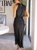 Casual Dresses 2024 Woman Light Mature Midi Long Dress Women's Sleeveless Hanging Neck Solid Soft Satin Banquet Party Black Vestidos