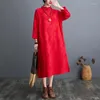 Casual Dresses 2024 Stand Collar Vintage Chinese Style Autumn Winter Dress Cheongsam Cotton Blend Jacquard Fashion Women Spring