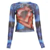 Women's T Shirts JusaHy Y2K O-neck Blue Printed Shirt Tops Long Sleeve Sexy Cropped Gothic Style Skinny Chic Top Streetwear 2024