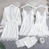 Sexy completo deslizamento rendas branco seda pijamas conjunto feminino chemise noiva casamento robe camisola pijamas kimono roupão lingerie 240131