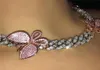 Glaming Pink Cuban Link Butterfly Choker Necklace Chain Crystal Rhinestone Chokers Halsband för kvinnor Guldkrage Hela CX20072435130137