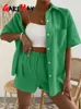 Kvinnors spårdräkter Bomullsdräkt Kort ärm Casual Elegant Green Soild Two Piece Set Women Outfit Shorts and Shirt For