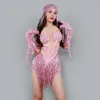 Stage Wear Sexy Rose Strass Body Franges Chapeaux Pole Dance Gogo Costume Femmes Festival Vêtements Dj Rave Outfit XS6617