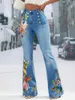 Damen-Jeans, Übergröße, einfarbig, Knopf-Dekor, ausgestelltes Bein, lange Denim-Hosen, florale Stickerei, weiblich, hohe Taille, breit