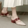 Tofflor nit bältesspänne glider kvinna färgblock skor pekade tå med hög häl damer kontor klänning babouche mules sandalier
