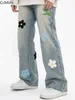 Harajuku vintage flor bordado remendo tubo reto jeans feminino outono e inverno lavagem solta perna larga piso torres 240122