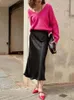 Skirts Long Skirt Fashion Satin Office Lady Elastic Waist Solid Champagne Purple Red Silk A-LINE For Women