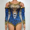 Stage Wear Off-Shoulder Blue Leopard Bodysuit Sequins Rhinestones Singer Performance Stretch Jumpsuit Gogo Dancer Clothing VDB7870