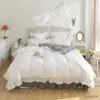 Bedding sets Lace Ruffles Bedding Set White and Gray Color Bedclothes for Boys/Girls Full Size Quilt Cover Sets Queen/King Bed Linen Sets