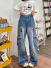 Women's Jeans Cartoon American Brodery Design Straight Jeans Retro Loose Student Autumn and Winter Ultra Thin Cover Floor Mop J240217