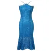 Abiti casual Elegante bellissimo abito lungo da donna Sexy Halter Blu Sheer Lace Backless Wrap Hip Fishtail Robe Female Prom Party Club