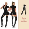 ブラスセットAIIOUセクシーな半袖ミニフレアドレスとストッキング女性PUレザーランジェリーファッションポールダンスレイブパーティー衣装2024