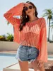 Suéteres femininos aproms boho sólido crochê oco out pullovers e mulheres 2024 verão o-pescoço de malha jumpers beachwear bikini solto tees