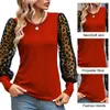 Blouses Femmes Col rond Femmes Top Léopard Imprimé Maille Élégant Printemps-Automne Slim Fit Blouse Avec Patchwork Transparent Manches Longues