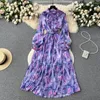 Casual Dresses Women Spring Dress French Style Belt Fold Goddess Fan Tie Dye Printed långärmad midja Slim Chiffon Pleated D3843