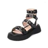 Sandals 2024 Summer Black Leather Gladiator For Women Three Buckle Platform Street Style Flat Roman Shoes Woman 43