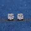 Pendientes de moissanita real chapados en oro blanco de 14 quilates de plata de ley con 4 puntas de diamante para mujeres y hombres, oreja de 1 quilates, 2 quilates, 4 quilates, D Dhirh