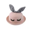 Bérets Xeongkvi mignon dessin animé plissant rayures oreilles enfants bridant chapeau de soleil marque d'été chapeaux de paille pour garçon fille bébé large bord casquette
