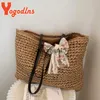 Bolsas de ombro Yogodlns ot fasion Simples ollow beac bags mulheres bolsa de palha vintage knied big tote soulderH24217