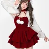 Work Dresses Kawaii Sweet Lolita Two Piece Set Women 2024 Korean Style White Shawl Tops Cute Party Mini Dress Japanese Y2k Red Christmas