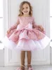 Sequined pink flower girl dresses sheer neck crystals little girl wedding dresses big bow frist communion pageant dresses gowns luxury birthday baby Peageant Dress