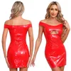 Robes décontractées Femmes Sexy Brillant Cuir Verni Mini Club Robe Hors Épaule Avant Keyhole Hip Wrap Moulante Taille Haute Discothèque