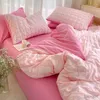 Bedding sets Korean Princess Pink Seersucker Bedding Kawaii Bed Skirt Duvet Cover Solid Color Queen Size Double Sheets Sets For Girls