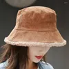 Berets Warm Reversible Faux Pelz Eimer Hut Frauen Winter Lamm Wolle Fleece Kappe Cord Fischer Hüte Sonnenschutz Panama Kappen einfach