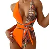 Damen-Badebekleidung, tiefer V-Ausschnitt, lange Bandage, gepolsterter Bodysuit, rückenfrei, sexy Monokini, Damen-Badeanzug mit Schlangenleder-Patchwork-Druck, Neckholder, Strand-Badeanzug