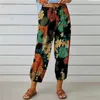 Pantaloni da donna 2024 Corsetto elastico a nove punti con coulisse a vita alta in cotone e lino con stampa retrò