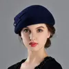 Franska basker Caps for Women Fashion 100 Wool Felt Fedora Hat Winter Blue Purple Red Church Female Vintage Cloche Hats 240127