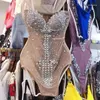 Palco desgaste mulheres cantor desempenho traje luxuoso pedras preciosas pérolas vestido sexy v pescoço perspectiva malha listrado cristais bodysuit