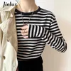 Jielur Green Blue Black Striped Long Sleeve T Shirt Women Cotton Top Female Basic Bottoming Shirt Autumn Tshirts Gloves SXL 240129