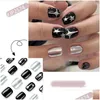 False Nails 24Pcs Black Short Round Y2K Sier Star Design French Fake Fl Er Detachable Nail Tips Press On Drop Delivery Health Beauty A Othkv