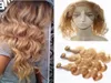 PRE PLUCKED 360 LACE FRONTAL STÄNGNING MED BUNDLAR BODY WAVE 27 Honung Blond brasiliansk jungfrulig mänsklig hår 3PC med 360 Band spets C4669939