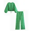 Pantalon de deux pièces pour femmes Nlzgmsj Femme 2 Blouse courte Ensembles 2024 Mode Vert Imprimer Femmes Costume Casual Pièces Tenues