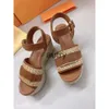 2024 Designer wedge-shaped flat sole sandals High heeled leather with adjustable buckles on branded shoelaces fashionable and comfortable suitable for weddings