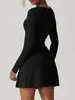 Casual Dresses Women Square Neck Long Sleeve Side Slit Flare Mini Dress Sexy Bodice A-Line Party Short Going Out