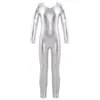 Scene Wear Kids Girls One Piece Långa ärmar Full Body Gymnastics Ballet Dance Leotard Jumpsuit Shiny Metallic Bodusuit Costumes