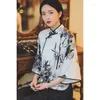 Ethnic Clothing Vintage Satin Ink Painting Printed Long Sleeved Tang Suit Top Women's Autumn Elegant Cheongsam Clothes Qipao