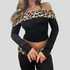 القمصان النسائية العتيقة أزياء نحيفة مثير قبالة الكتف العلوي Tierred Leopard قميص الحزب
