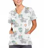 Mulheres Camisetas Elefante Padrão Salão de Beleza Roupas de Trabalho Spa Care Bolso V-Pescoço Impressão Scrub Top Uniforme de Verão