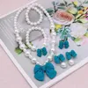 Necklace Earrings Set Cute Bow Pendant Pearl Bracelet Ear Clip Children's Girl Jewelry Accessories Gift
