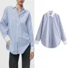 Blusas femininas contraste listrado camisa casual solto lapela assimétrica hem topos 2024 moda escritório senhoras único breasted camisas