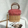 Shoulder Bags New straw knitting holiday handbag rattan red plaid canvas splicing shoulder bag Woven Crossbody Basket With CapacityH24217
