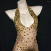 Palco desgaste sexy halter cinto com decote em v mulheres brilhando cristal strass vestido sem costas perspectiva pólo dança baile traje bar dj veste