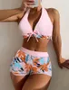 Kvinnors badkläder 2024 Hög midja Sexiga två stycken Swimsuit Women Boxer Lace Summer Bathing Suit Printed Solid Color Stitching Beach