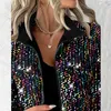 Women's Jackets Autumn Winter Stand Neck Zipper Long Sleeve Short Jacket Colored Sequin Fashion Lady Patchwork Warm Cardigan Tops