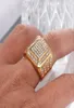 Anel de cristal quadrado hip hop com brilho, cor dourada, anéis de casamento de aço inoxidável para homens, joias, tamanho americano 6109173755